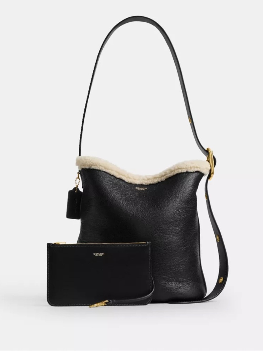 NWT COACH Bleecker Bucket Bag Shearling Natural Grain Leather Brass